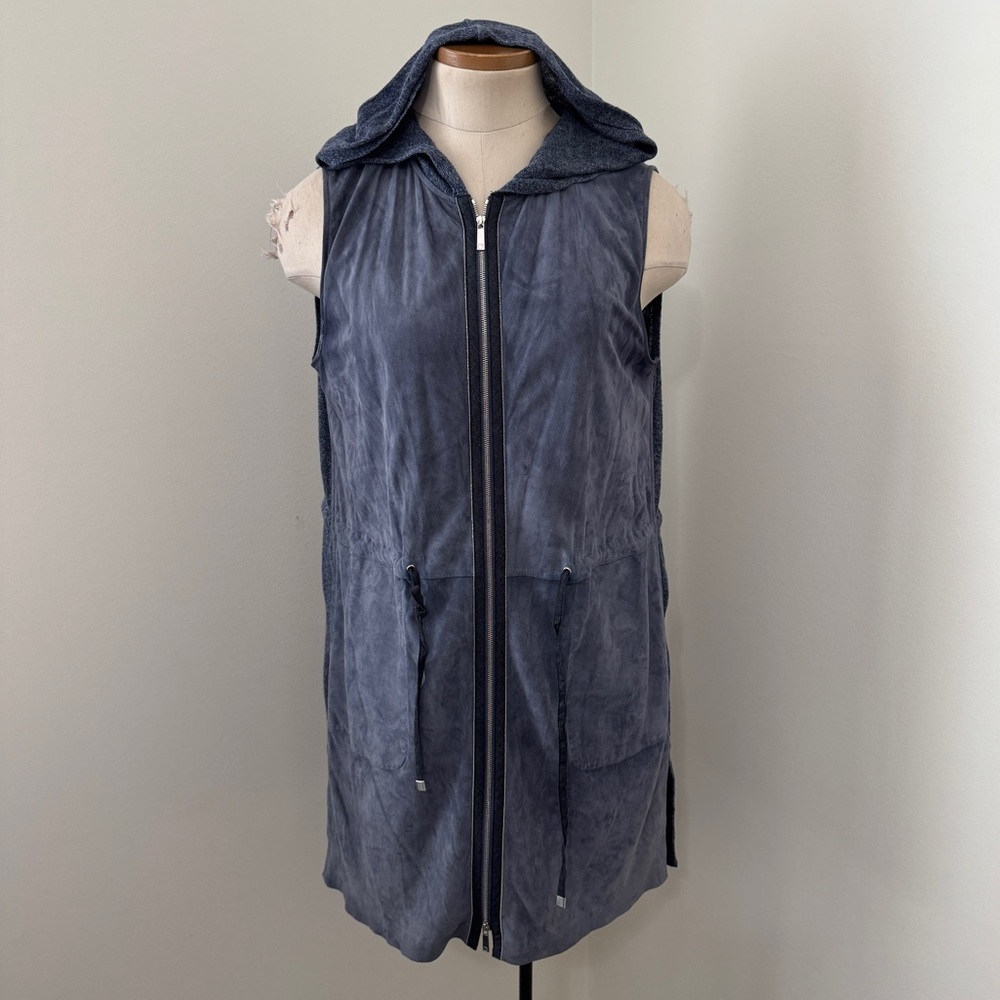 Lafayette 148 Small‎ Blue Suede Leather & Linen Hooded Vest Top ~ Modern Chic